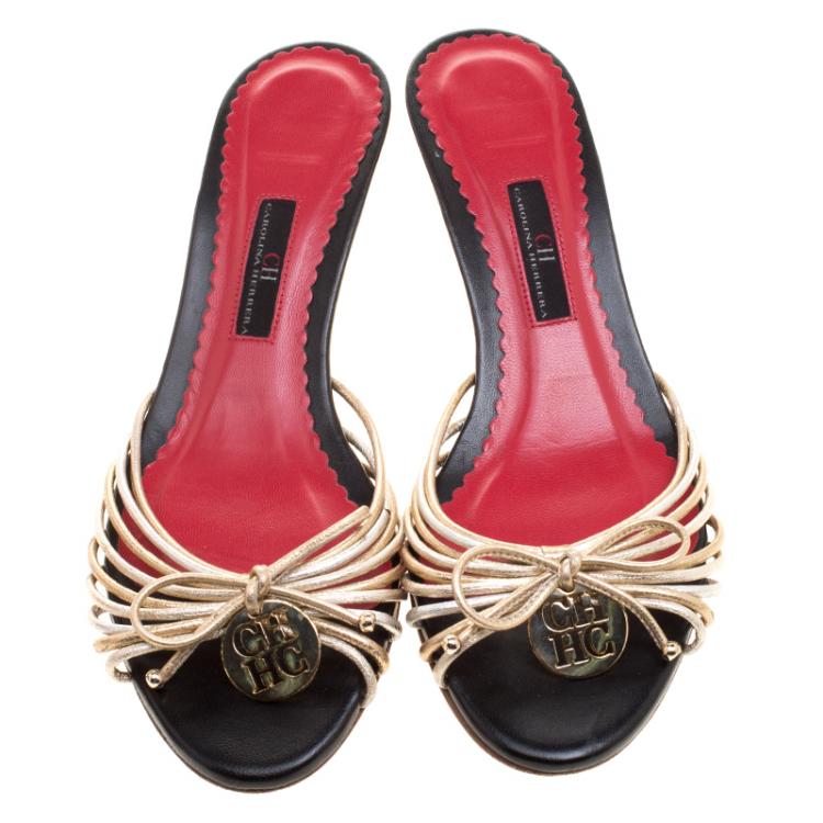 Pre Owned Carolina Herrera Metallic Gold and Silver Cord Leather Bow Slides Size 39