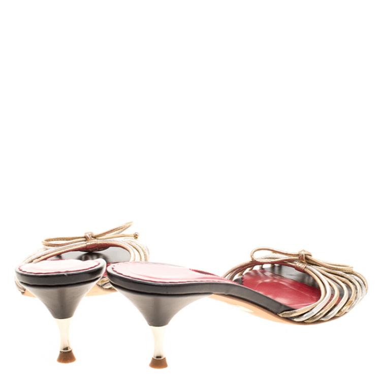 Pre Owned Carolina Herrera Metallic Gold and Silver Cord Leather Bow Slides Size 39
