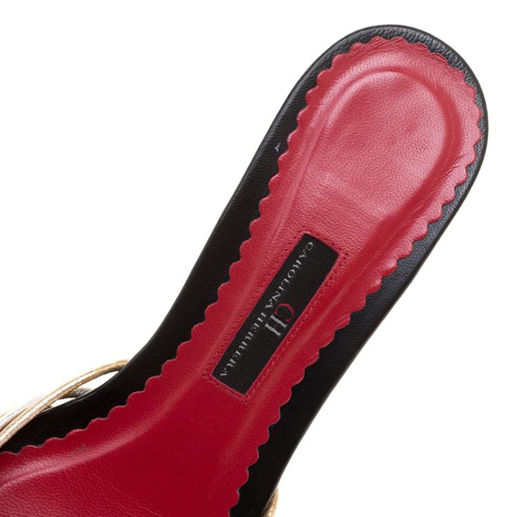 Pre Owned Carolina Herrera Metallic Gold and Silver Cord Leather Bow Slides Size 39