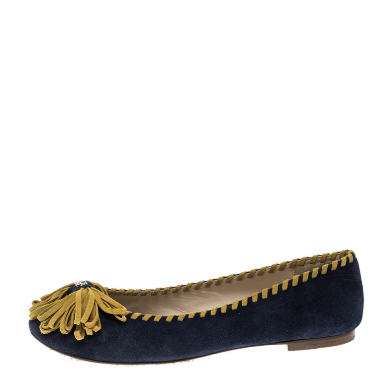 Pre Owned Carolina Herrera Two Tone Suede Whip Stitch Trim Ballet Flats Size 40