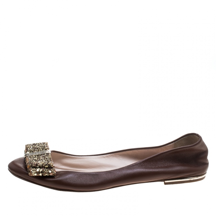 Pre Owned Carolina Herrera Brown Leather Bow Ballet Flats Size 37