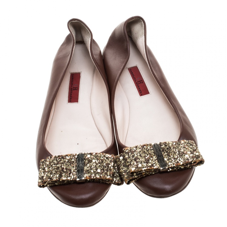 Pre Owned Carolina Herrera Brown Leather Bow Ballet Flats Size 37