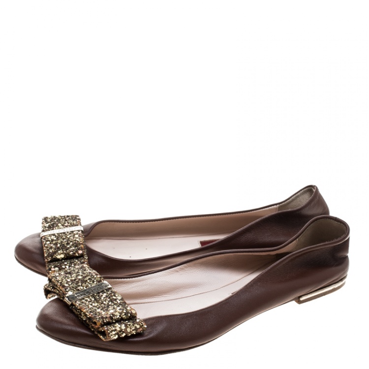 Pre Owned Carolina Herrera Brown Leather Bow Ballet Flats Size 37