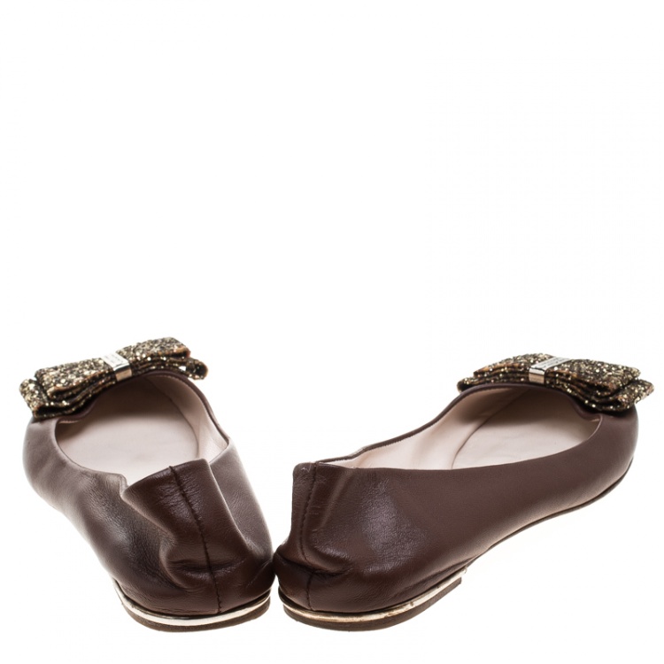 Pre Owned Carolina Herrera Brown Leather Bow Ballet Flats Size 37