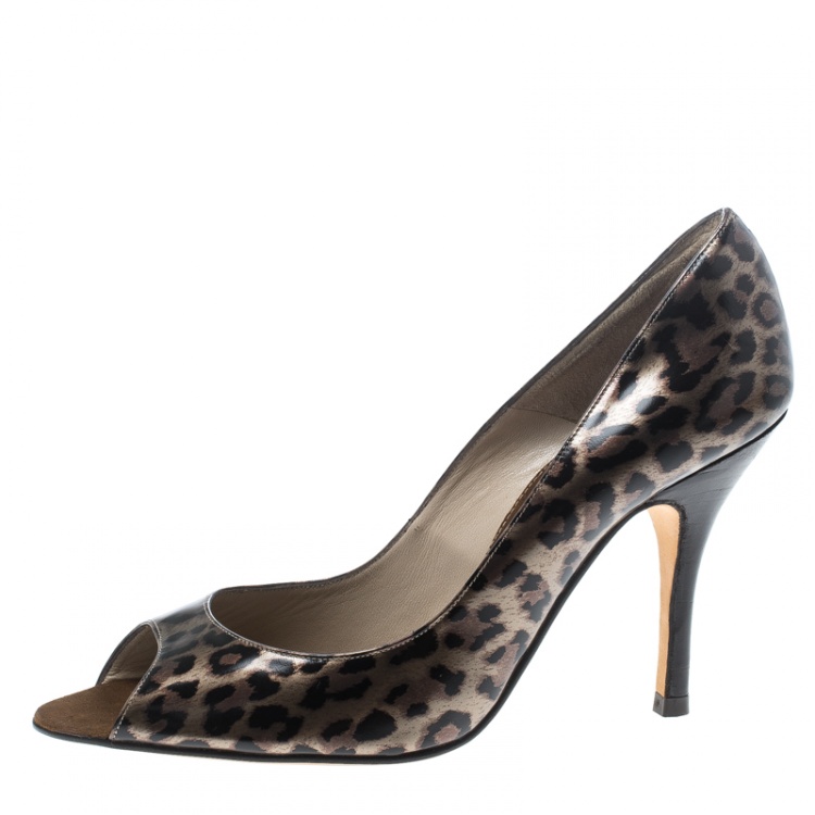 Pre Owned Carolina Herrera Leopard Print Leather Peep Toe Pumps Size 39