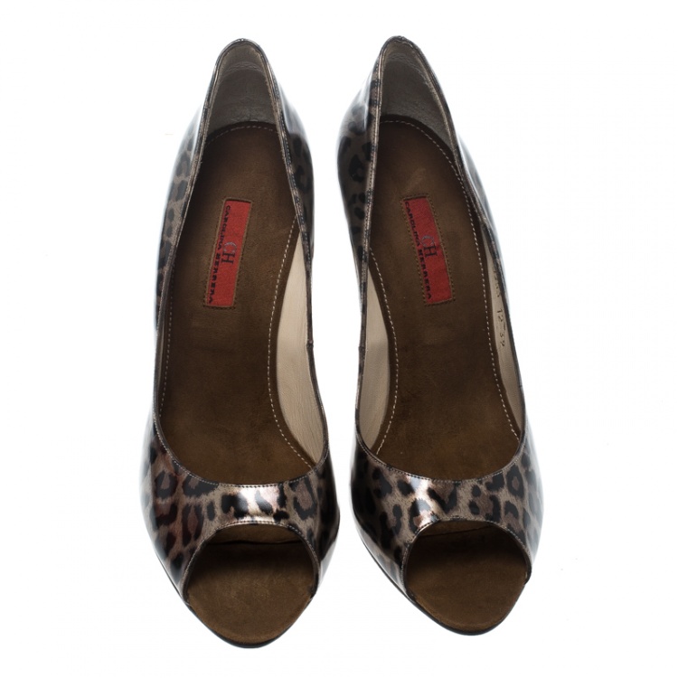 Pre Owned Carolina Herrera Leopard Print Leather Peep Toe Pumps Size 39