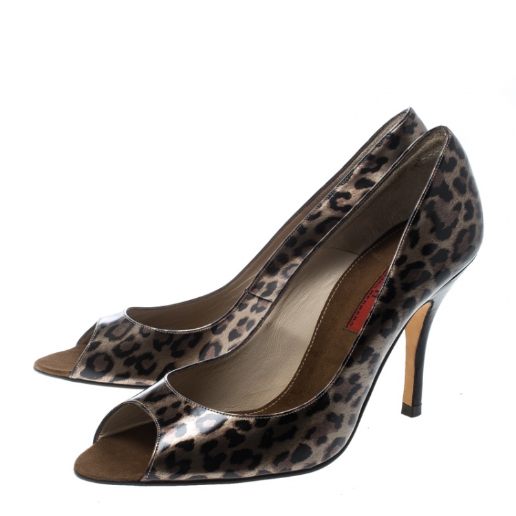 Pre Owned Carolina Herrera Leopard Print Leather Peep Toe Pumps Size 39