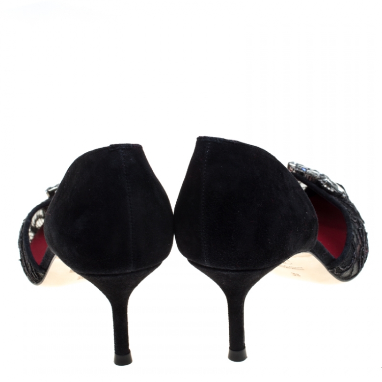 Pre Owned Carolina Herrera Black Lace Crystal Embellished D'orsay Pumps Size 38