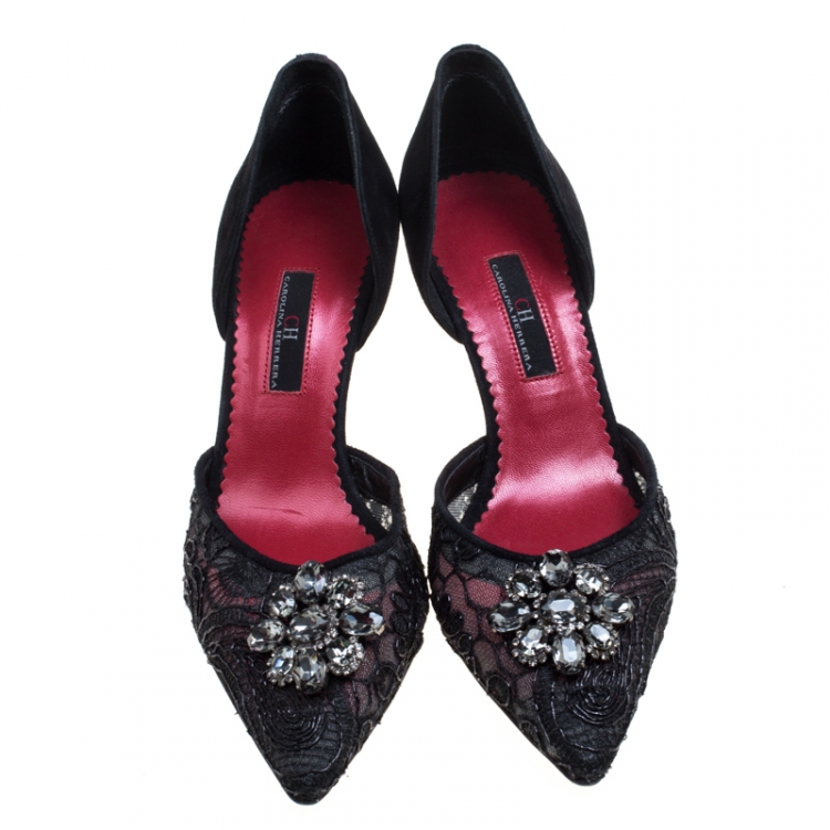 Pre Owned Carolina Herrera Black Lace Crystal Embellished D'orsay Pumps Size 38