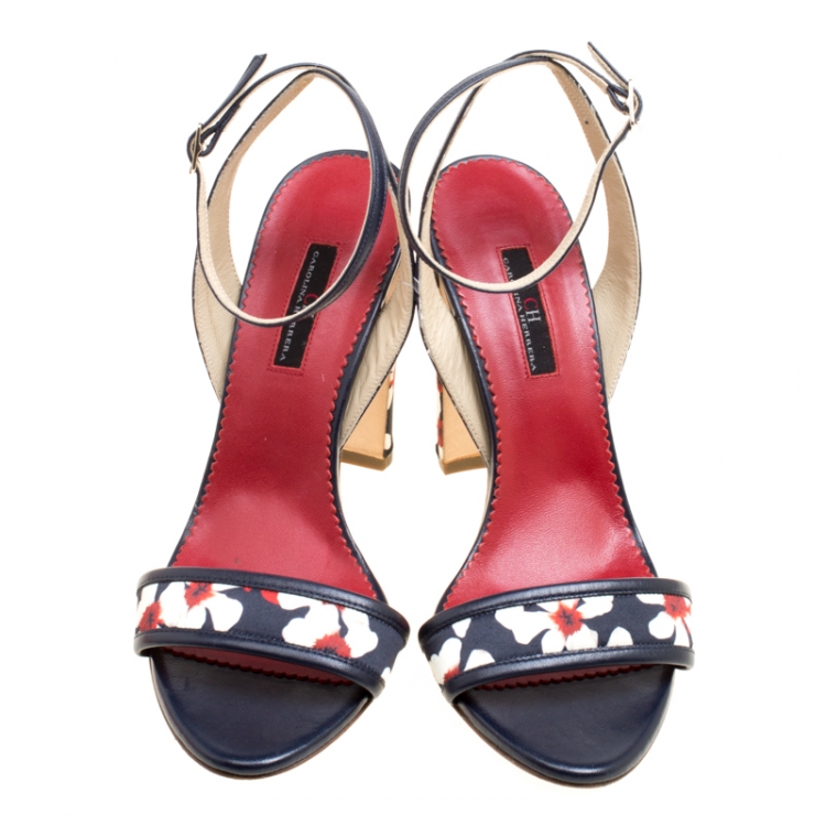 Pre Owned Carolina Herrera Blue Multicolor Floral Printed Fabric and Leather Ankle Strap Sandals Size 39