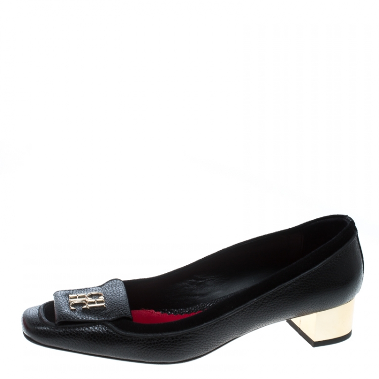 Pre Owned Carolina Herrera Black Leather and Suede Logo Detail Square Toe Pumps Size 38