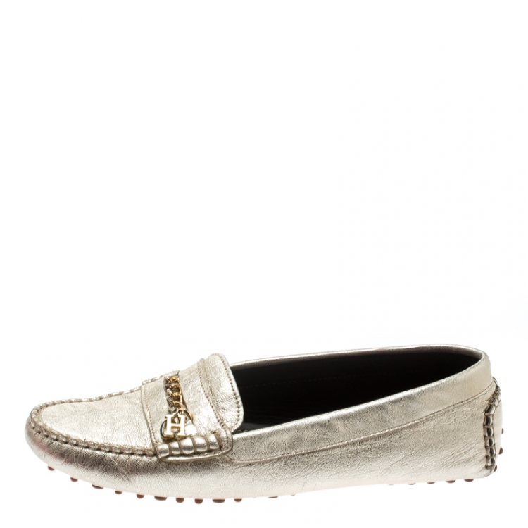 Pre Owned CH Carolina Herrera Metallic Gold Leather Moccasins Size 41