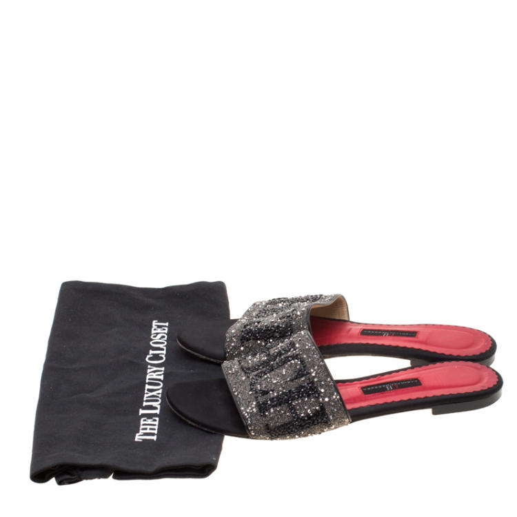 Pre Owned Carolina Herrera Grey/Black Crystal Embellished Mar de Slides Size 39