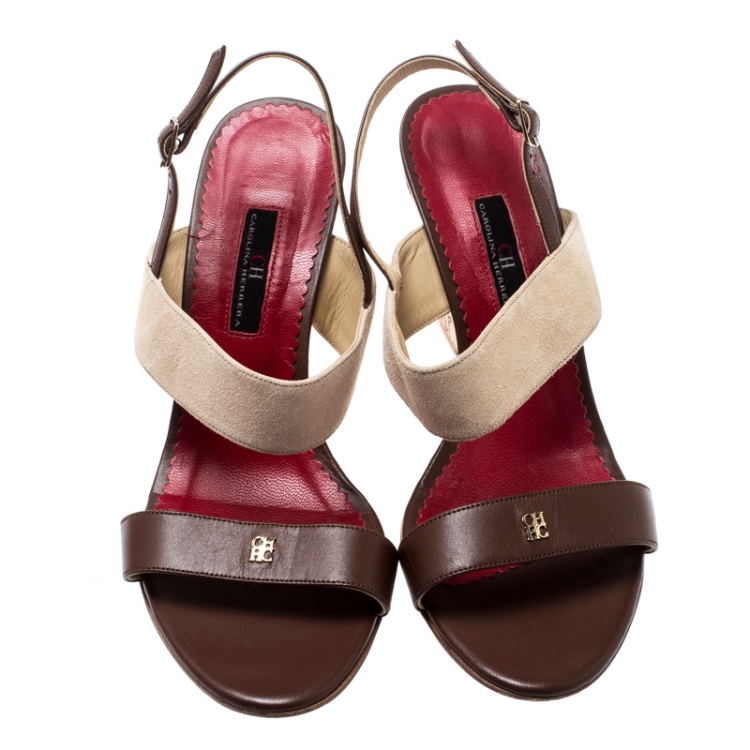 Pre Owned Carolina Herrera Two Tone Leather/Suede Ankle Strap Wedge Sandals Size 38