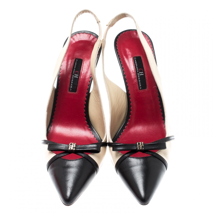 Pre Owned Carolina Herrera Black And Beige Leather Bow Pointed Toe Slingback Pumps Size 38