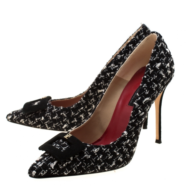 Pre Owned Carolina Herrera Monochrome Tweed Fabric And Suede Pointed Toe Pumps Size 40