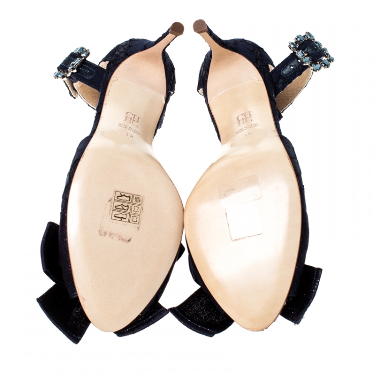 Pre Owned Carolina Herrera Lace And Satin Bow Ankle Strap Sandals Size 38