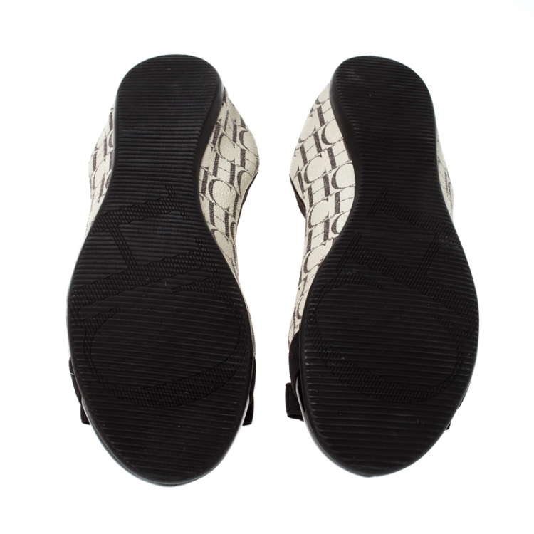 Pre Owned Carolina Herrera Tri Color Monogram Coated Canvas and Leather Cap Toe Bow Ballet Flats Size 37
