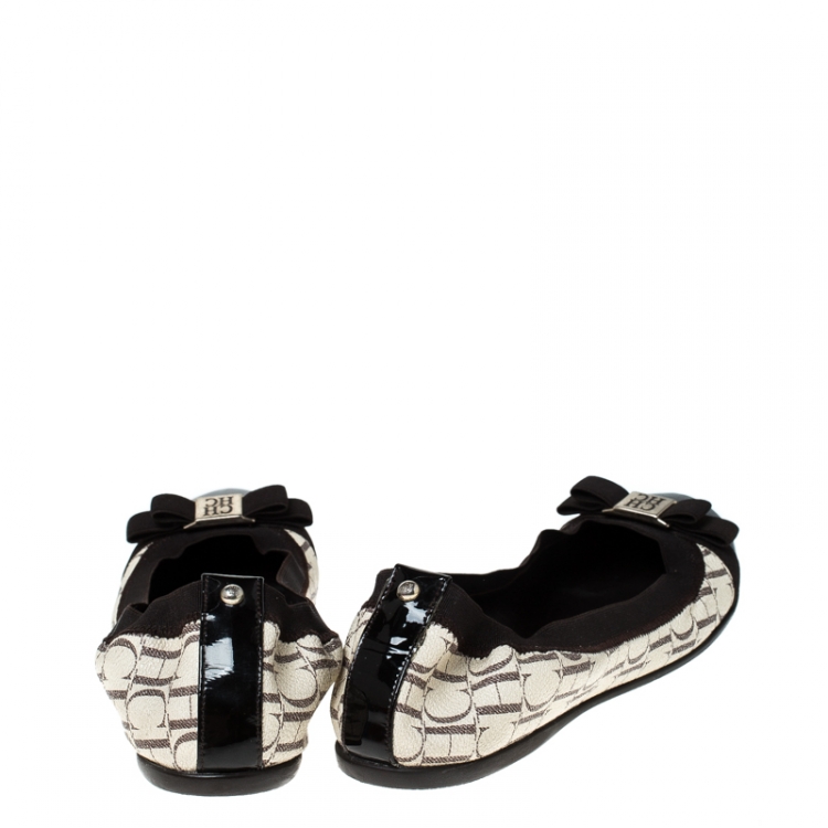 Pre Owned Carolina Herrera Tri Color Monogram Coated Canvas and Leather Cap Toe Bow Ballet Flats Size 37
