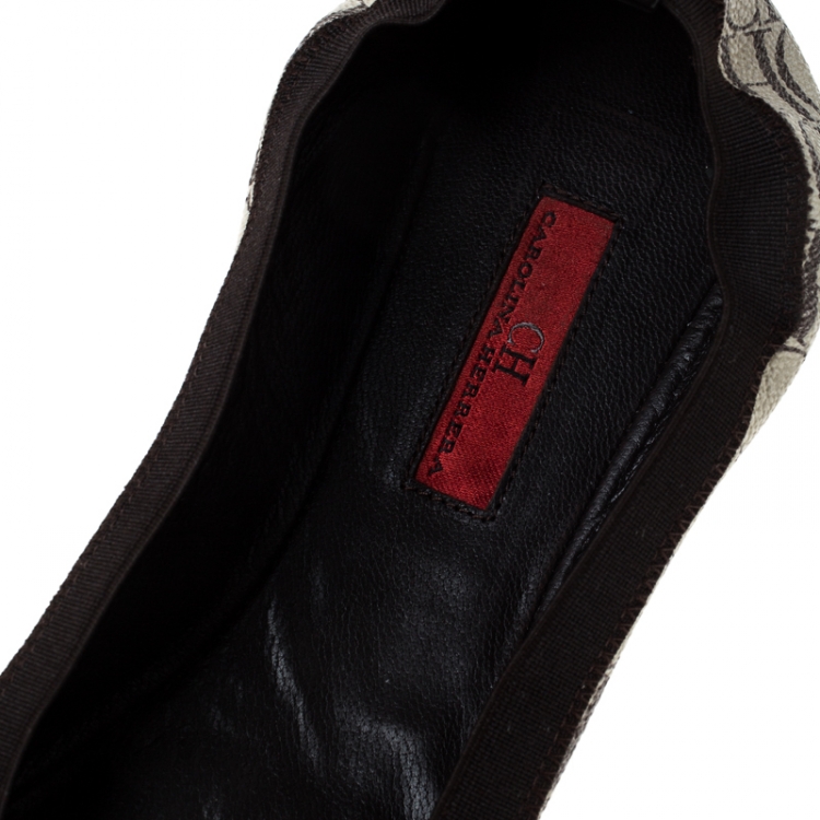 Pre Owned Carolina Herrera Tri Color Monogram Coated Canvas and Leather Cap Toe Bow Ballet Flats Size 37