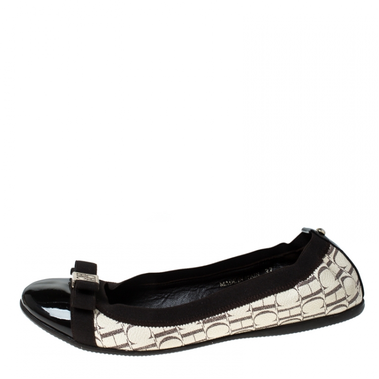Pre Owned Carolina Herrera Tri Color Monogram Coated Canvas and Leather Cap Toe Bow Ballet Flats Size 37