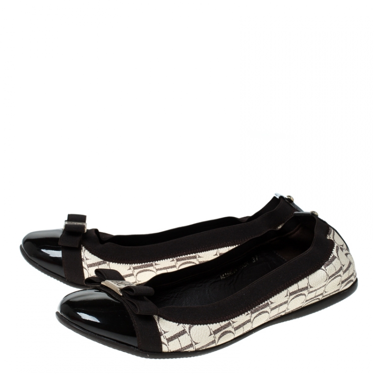 Pre Owned Carolina Herrera Tri Color Monogram Coated Canvas and Leather Cap Toe Bow Ballet Flats Size 37