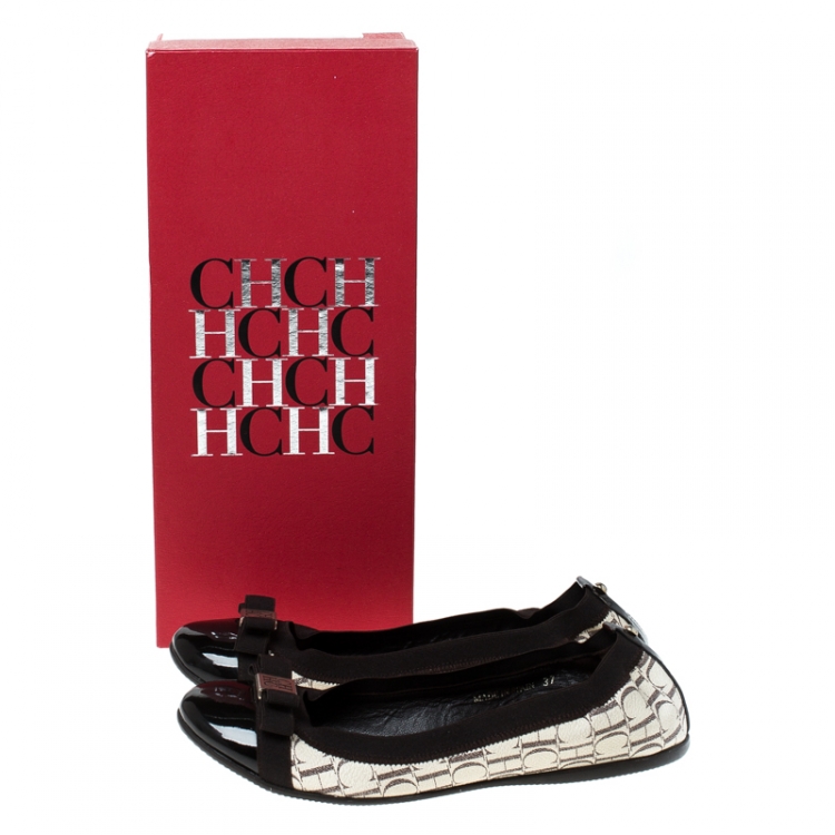 Pre Owned Carolina Herrera Tri Color Monogram Coated Canvas and Leather Cap Toe Bow Ballet Flats Size 37