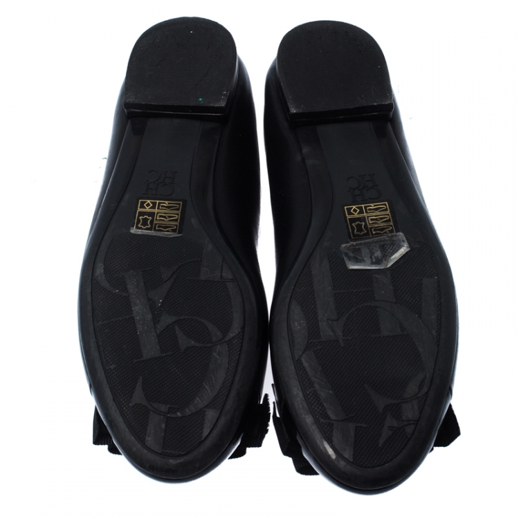 Pre Owned Carolina Hererra Black Leather Bow Ballet Flats Size 36