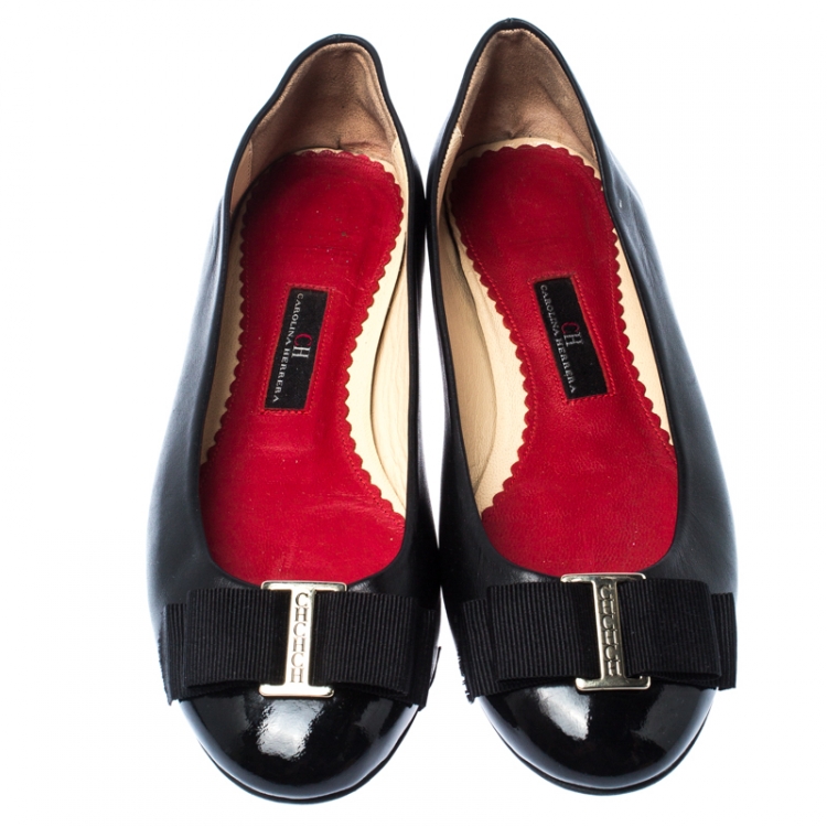Pre Owned Carolina Hererra Black Leather Bow Ballet Flats Size 36