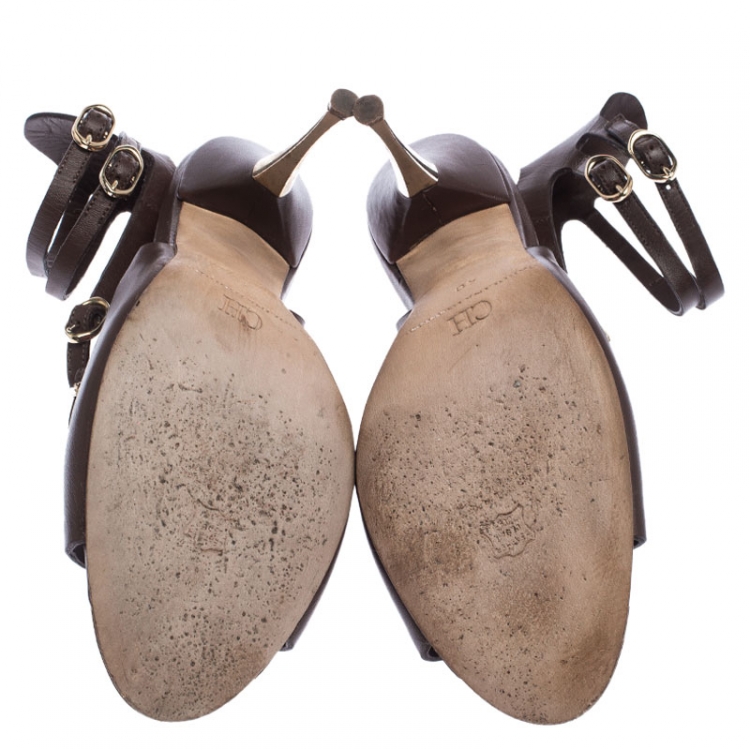 Pre Owned Carolina Herrera Brown Leather Slingback Ankle Strap Sandals Size 40