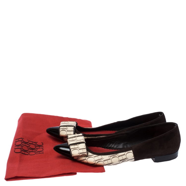 Pre Owned Carolina Herrera Dark Brown/Beige Suede and PVC Bow Pointed Toe Ballet Flats Size 40