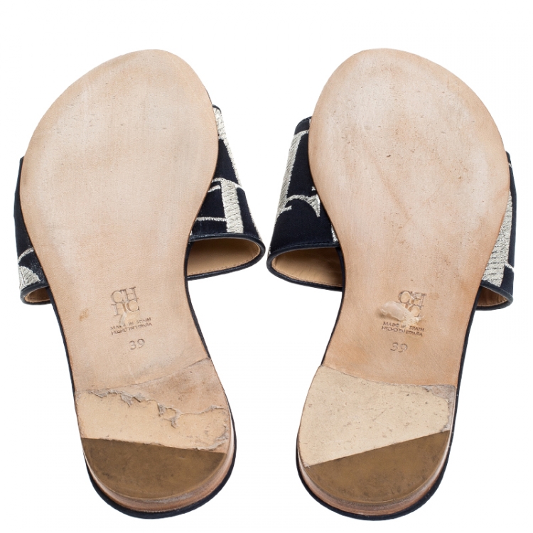 Pre Owned Carolina Herrera Tri Color Logo Satin Flat Slides Size 39