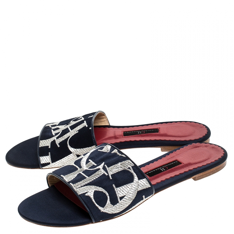Pre Owned Carolina Herrera Tri Color Logo Satin Flat Slides Size 39
