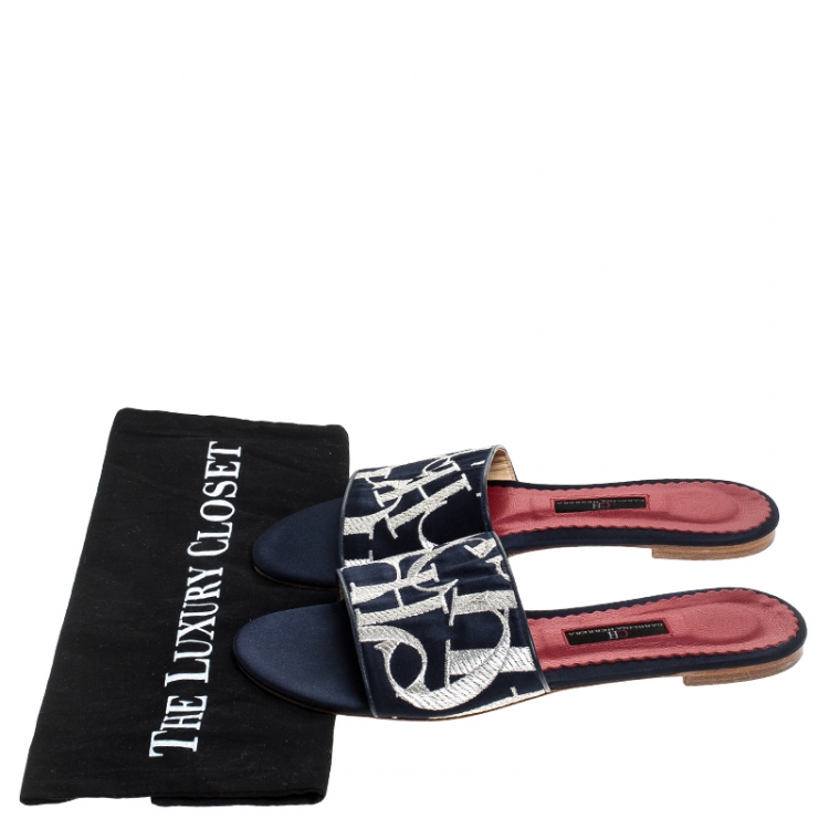 Pre Owned Carolina Herrera Tri Color Logo Satin Flat Slides Size 39