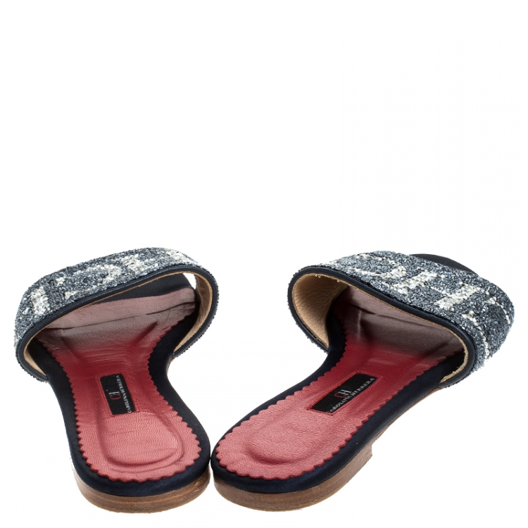 Pre Owned Carolina Herrera Tri Color Logo Satin Mar de Cristal Flat Slides Size 39