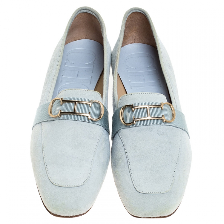 Pre Owned Carolina Herrera Blue Suede Logo Detail Slip On Loafers Size 40