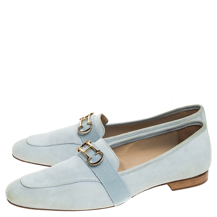 Pre Owned Carolina Herrera Blue Suede Logo Detail Slip On Loafers Size 40