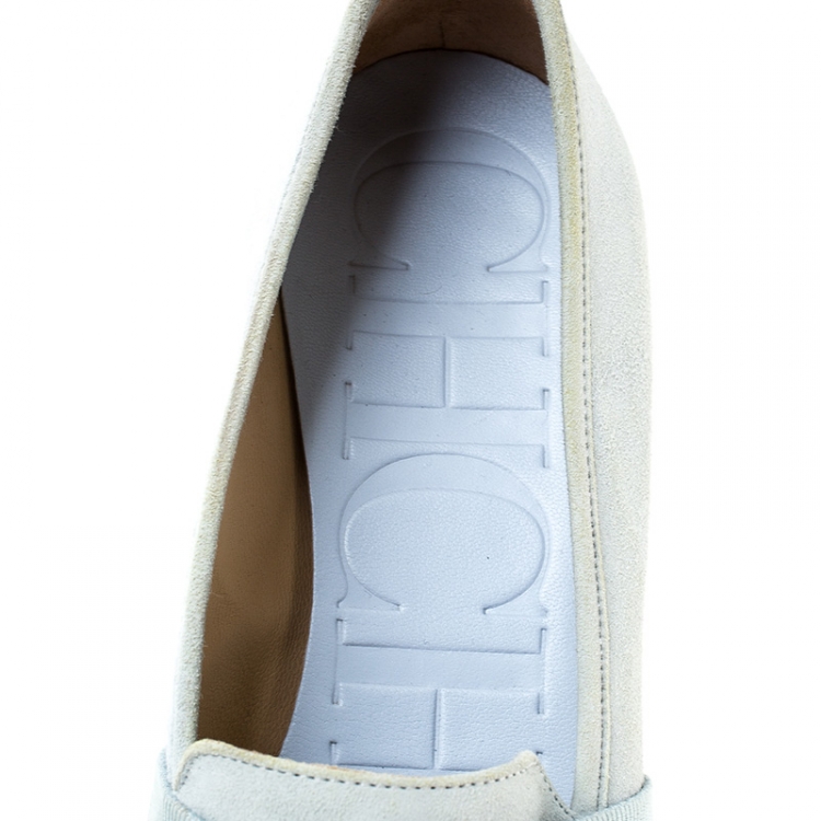 Pre Owned Carolina Herrera Blue Suede Logo Detail Slip On Loafers Size 40
