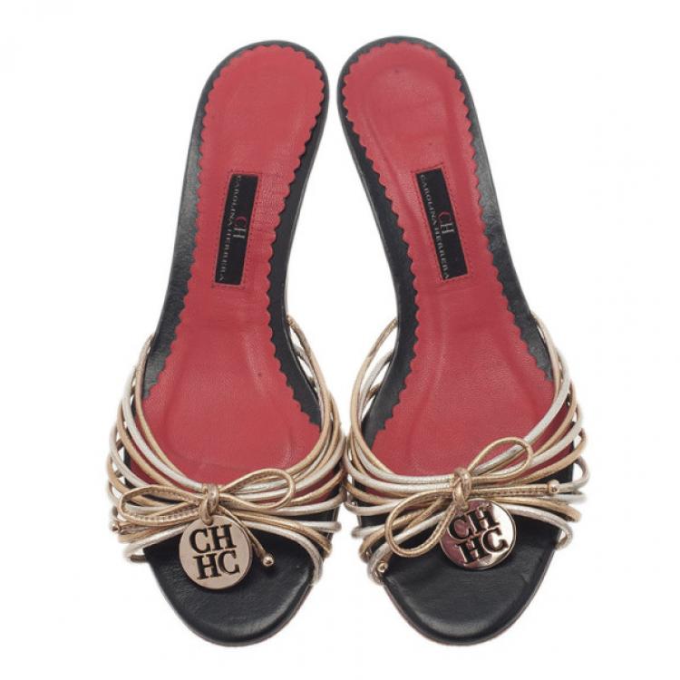 Pre Owned Carolina Herrera Gold and Silver Leather Logo Slides Size 39