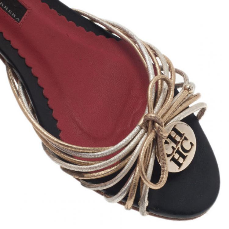 Pre Owned Carolina Herrera Gold and Silver Leather Logo Slides Size 39