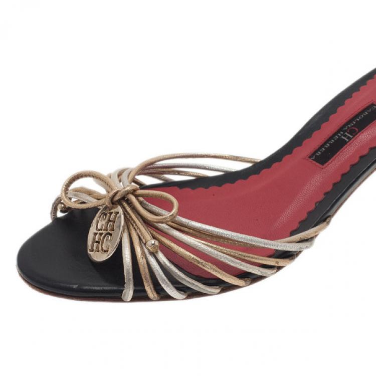 Pre Owned Carolina Herrera Gold and Silver Leather Logo Slides Size 39