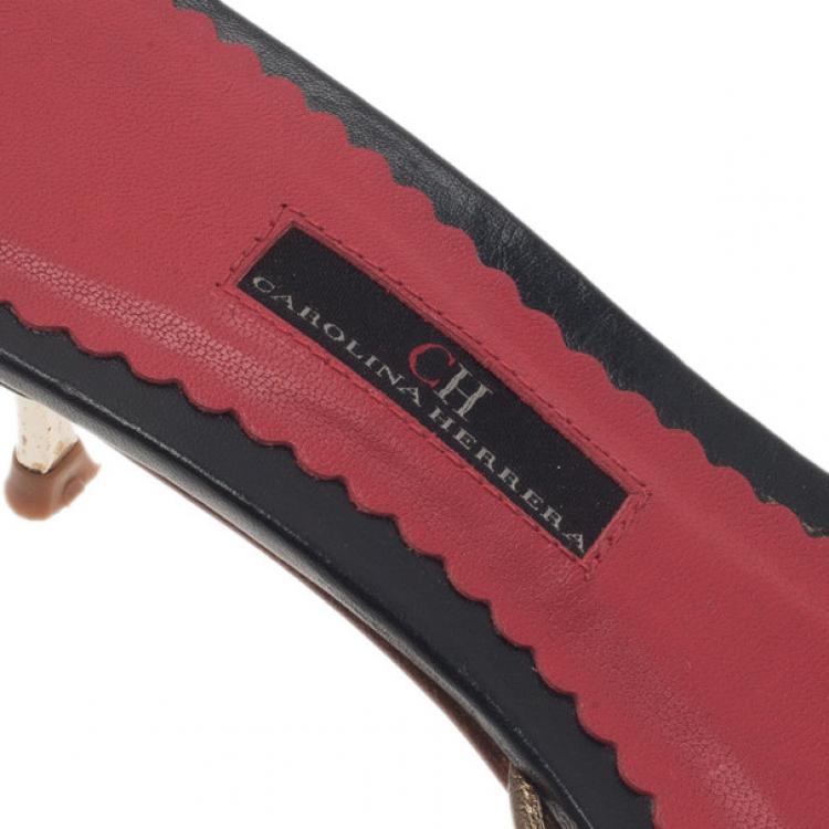 Pre Owned Carolina Herrera Gold and Silver Leather Logo Slides Size 39