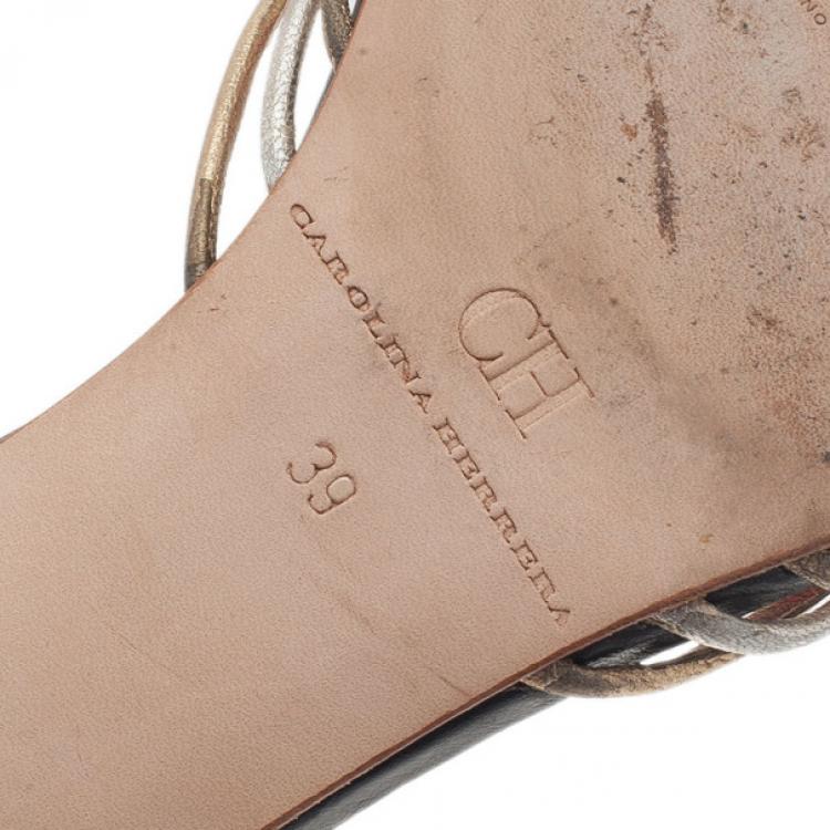 Pre Owned Carolina Herrera Gold and Silver Leather Logo Slides Size 39