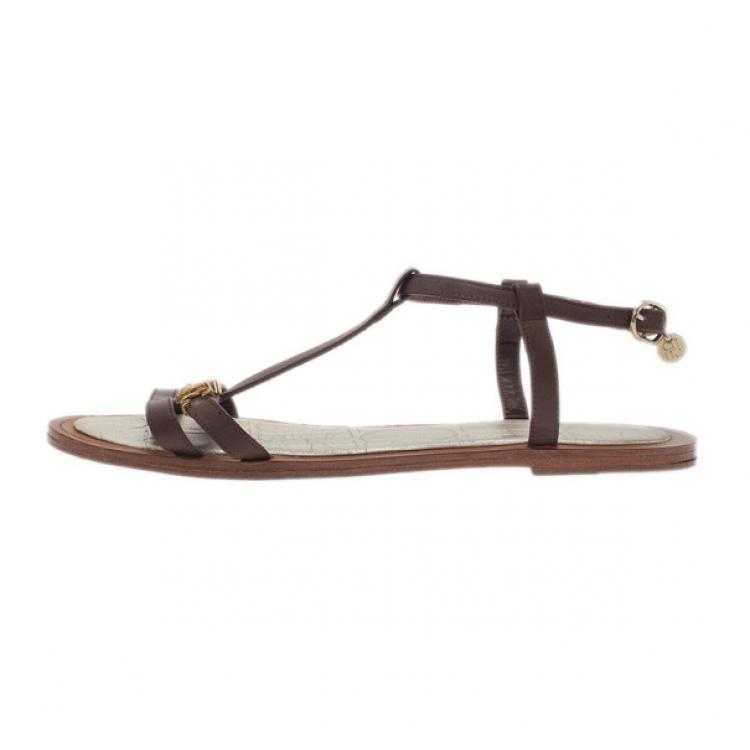 Pre Owned Carolina Herrera Brown Leather Logo T Strap Flat Sandals Size 38
