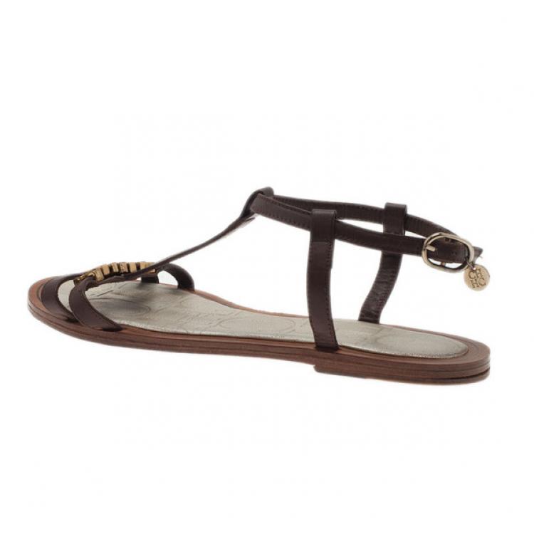Pre Owned Carolina Herrera Brown Leather Logo T Strap Flat Sandals Size 38