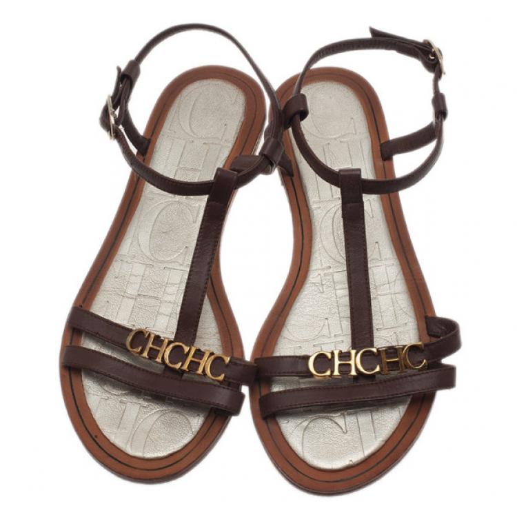 Pre Owned Carolina Herrera Brown Leather Logo T Strap Flat Sandals Size 38