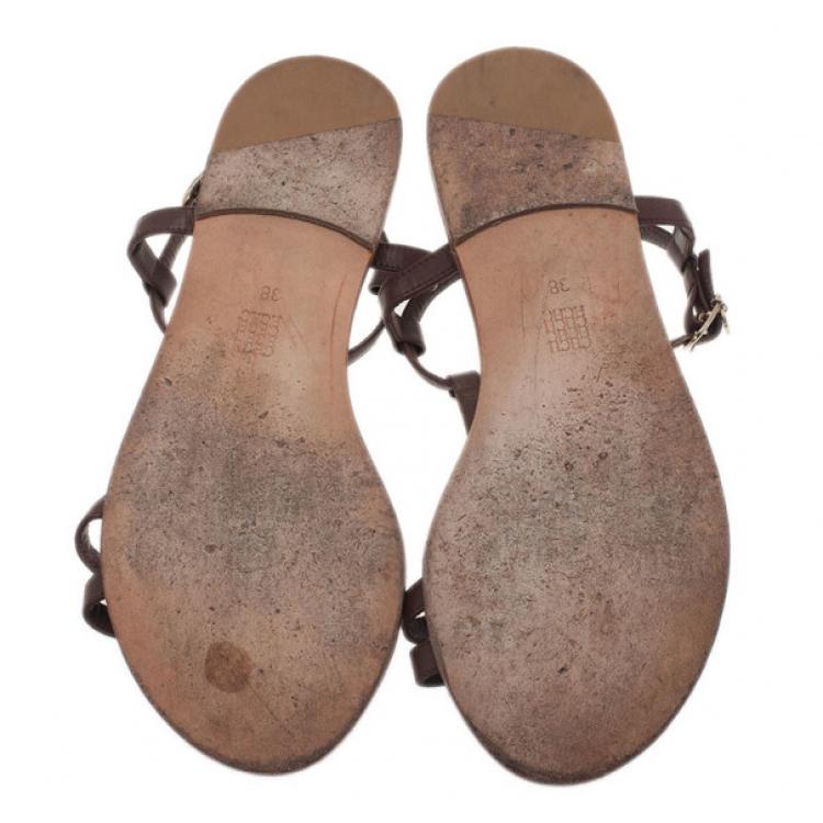 Pre Owned Carolina Herrera Brown Leather Logo T Strap Flat Sandals Size 38