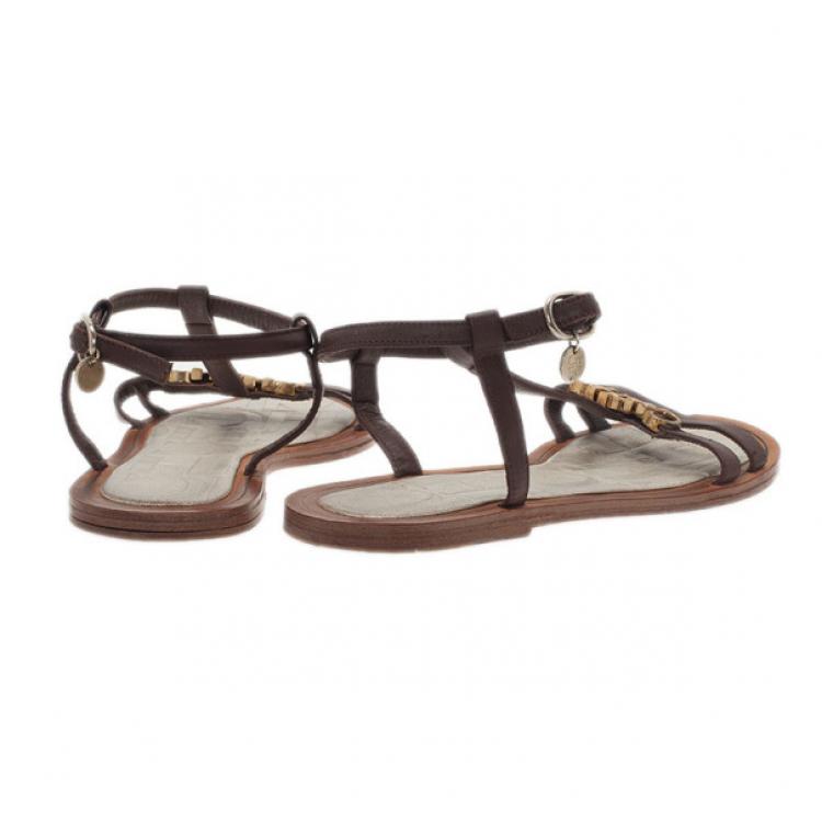 Pre Owned Carolina Herrera Brown Leather Logo T Strap Flat Sandals Size 38