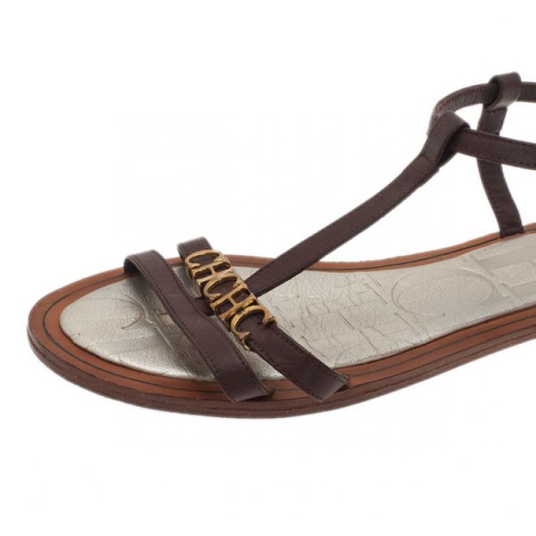 Pre Owned Carolina Herrera Brown Leather Logo T Strap Flat Sandals Size 38