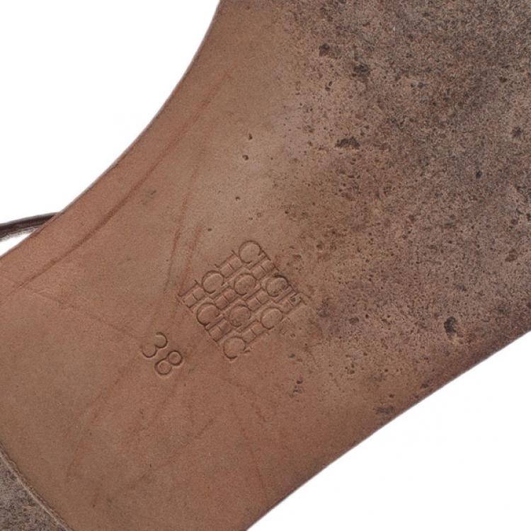 Pre Owned Carolina Herrera Brown Leather Logo T Strap Flat Sandals Size 38